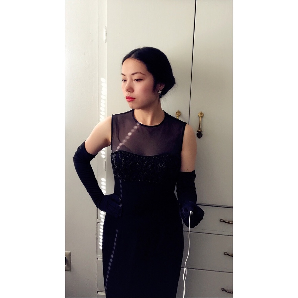 1960s inspired illusion little black dress