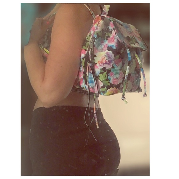 Floral flower print mini backpack pink blue black - Picture 4 of 4