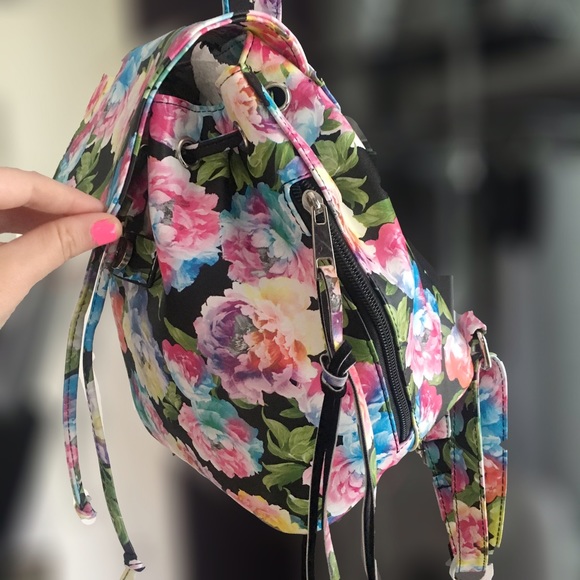 Floral flower print mini backpack pink blue black - Picture 3 of 4