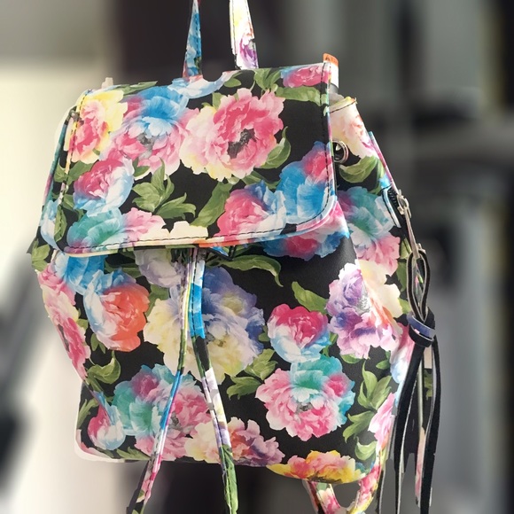 Handbags - Floral flower print mini backpack pink blue black