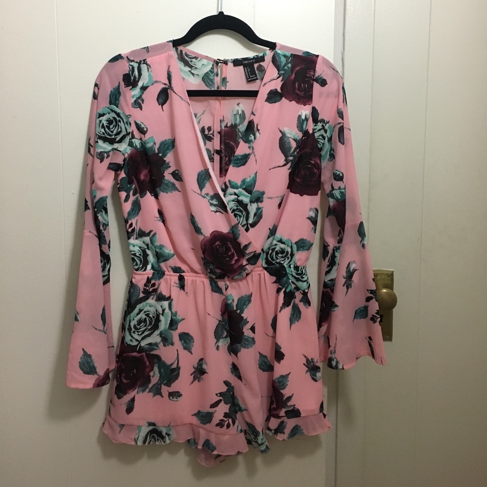 Pink floral print romper