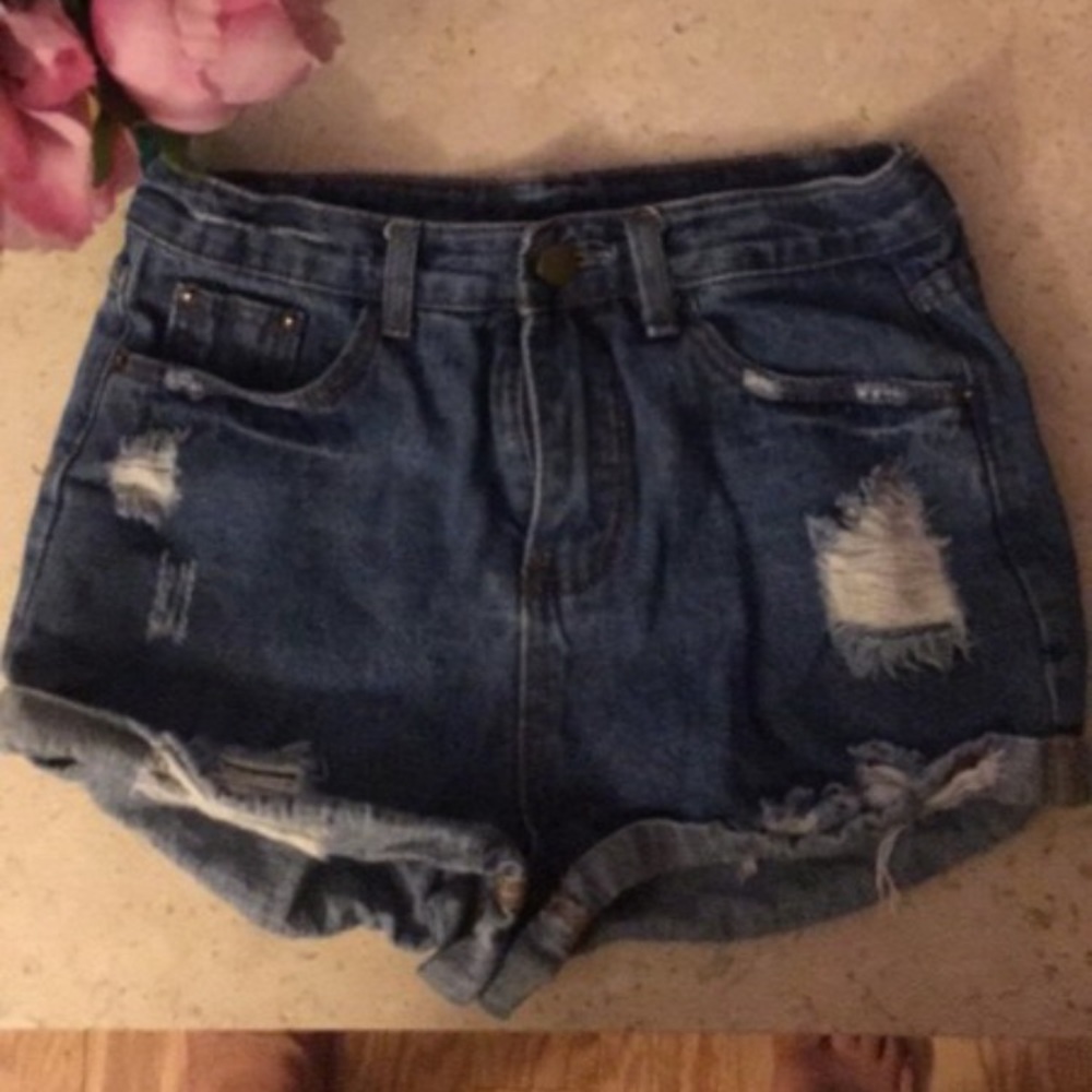 SOLD ON MERC high rise distressed denim shorts