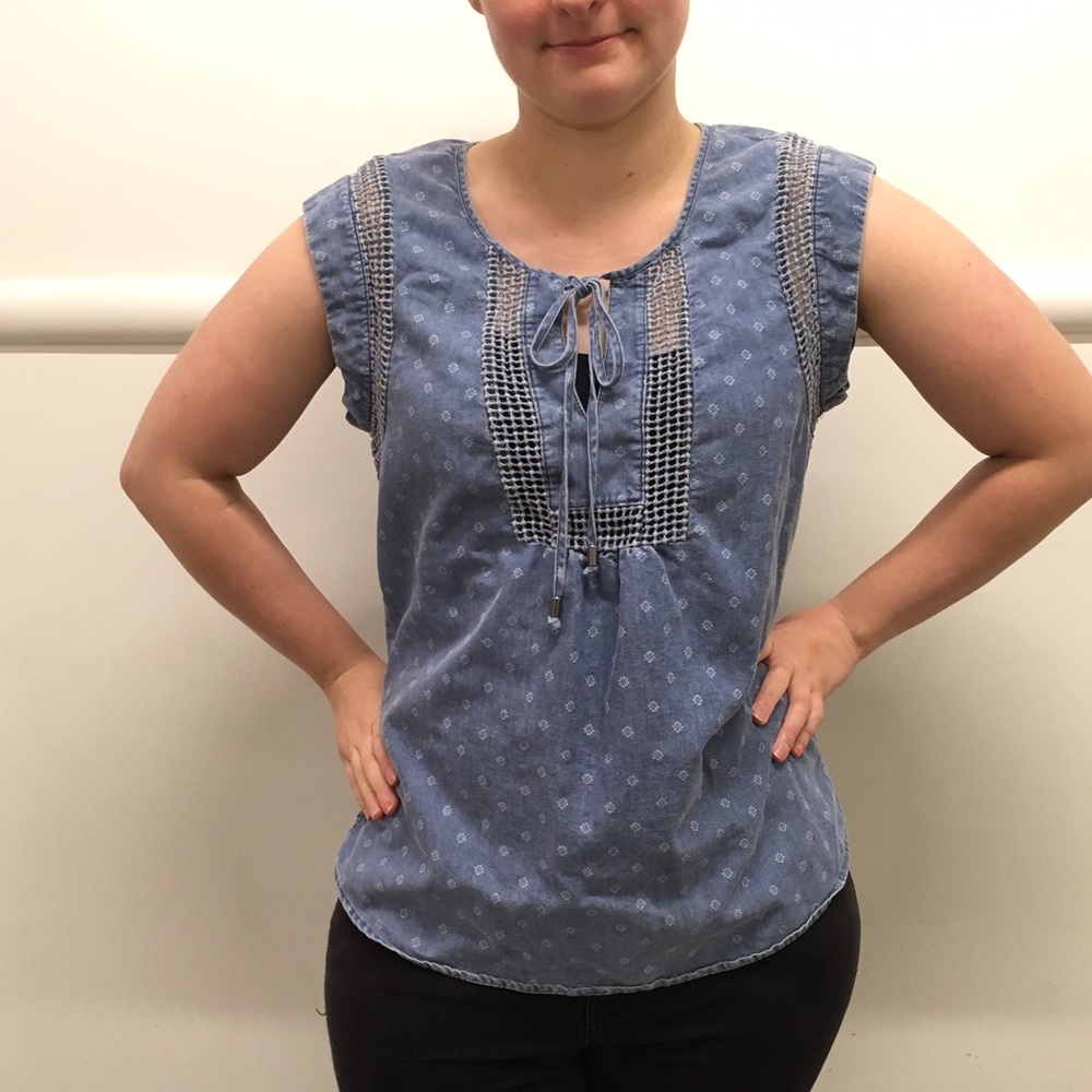 Denim Blue Patterned Sleeveless Tunic Top