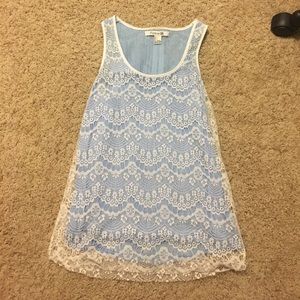 Baby blue with white lace blouse
