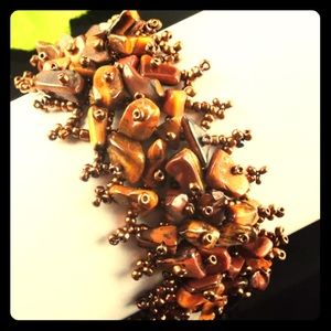 Tigers Eye chip & goldish brown seed bead bracelet