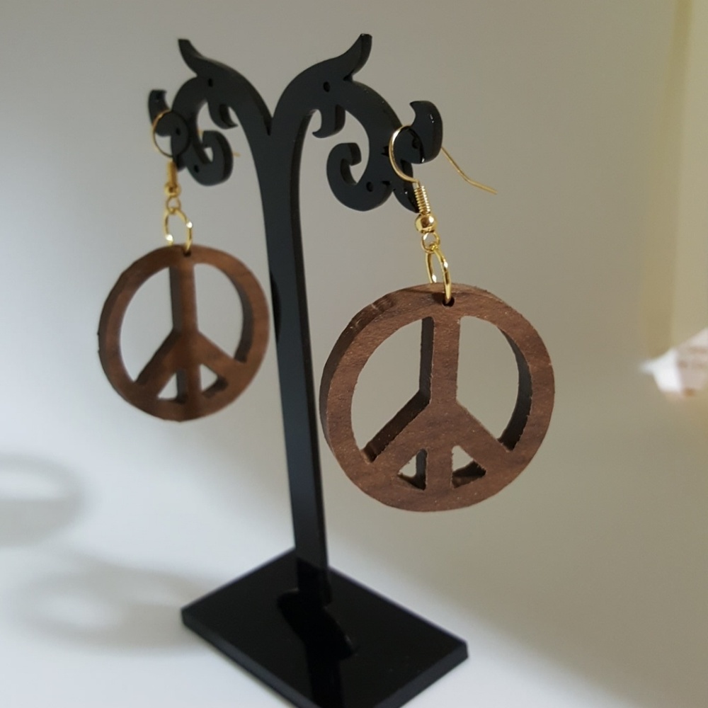 Handcrafted Peace Sign Walnut Earrings
