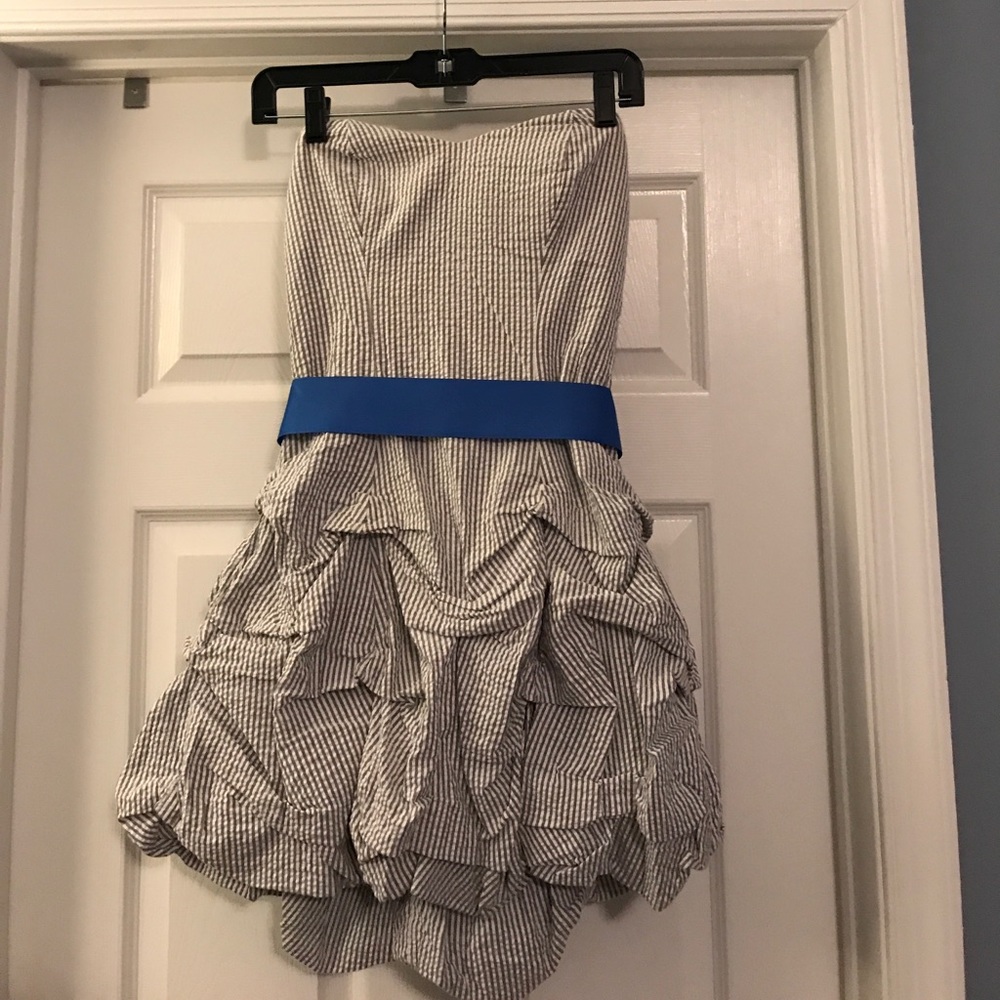 Seersucker Strapless Dress w/Blue Ribbon Belt
