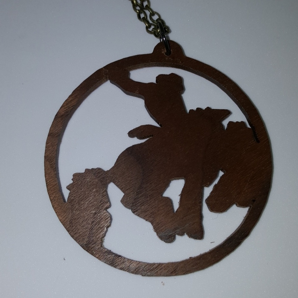 Cowboy on Broncing Horse Pendant/Necklace - Walnut