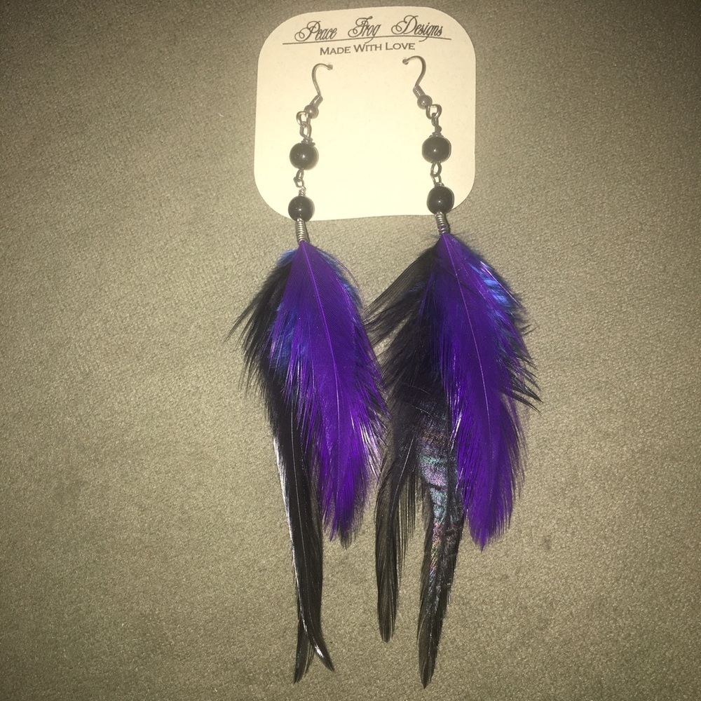 Purple and Black Feather Pierced Earrings