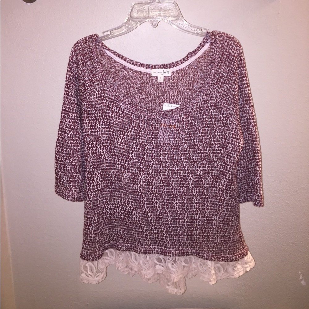 Maroon and white sweater with white lace detailing