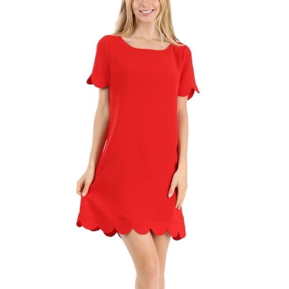 Red Shift Dress w/ Scallop Detail