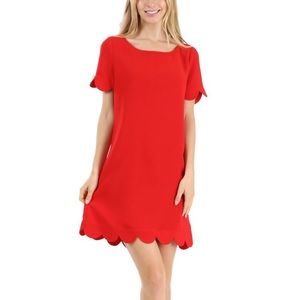 Red Shift Dress w/ Scallop Detail