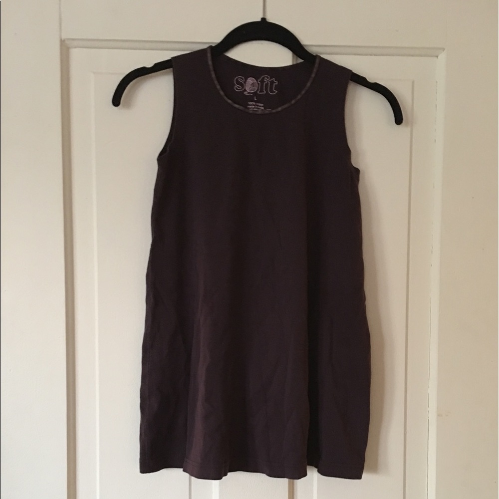 Sensory-friendly girl's tank dress in dark plum. Enclosed seams.