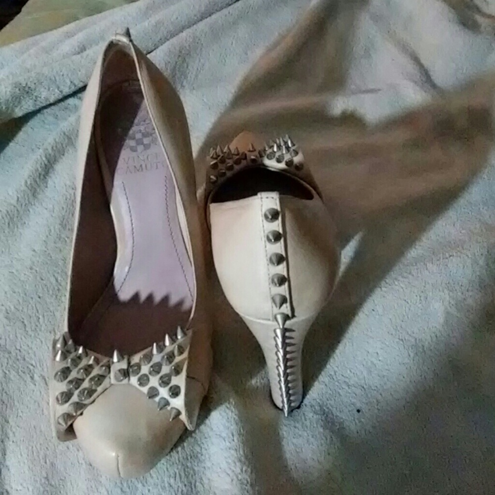 Cream leather spike stud heels