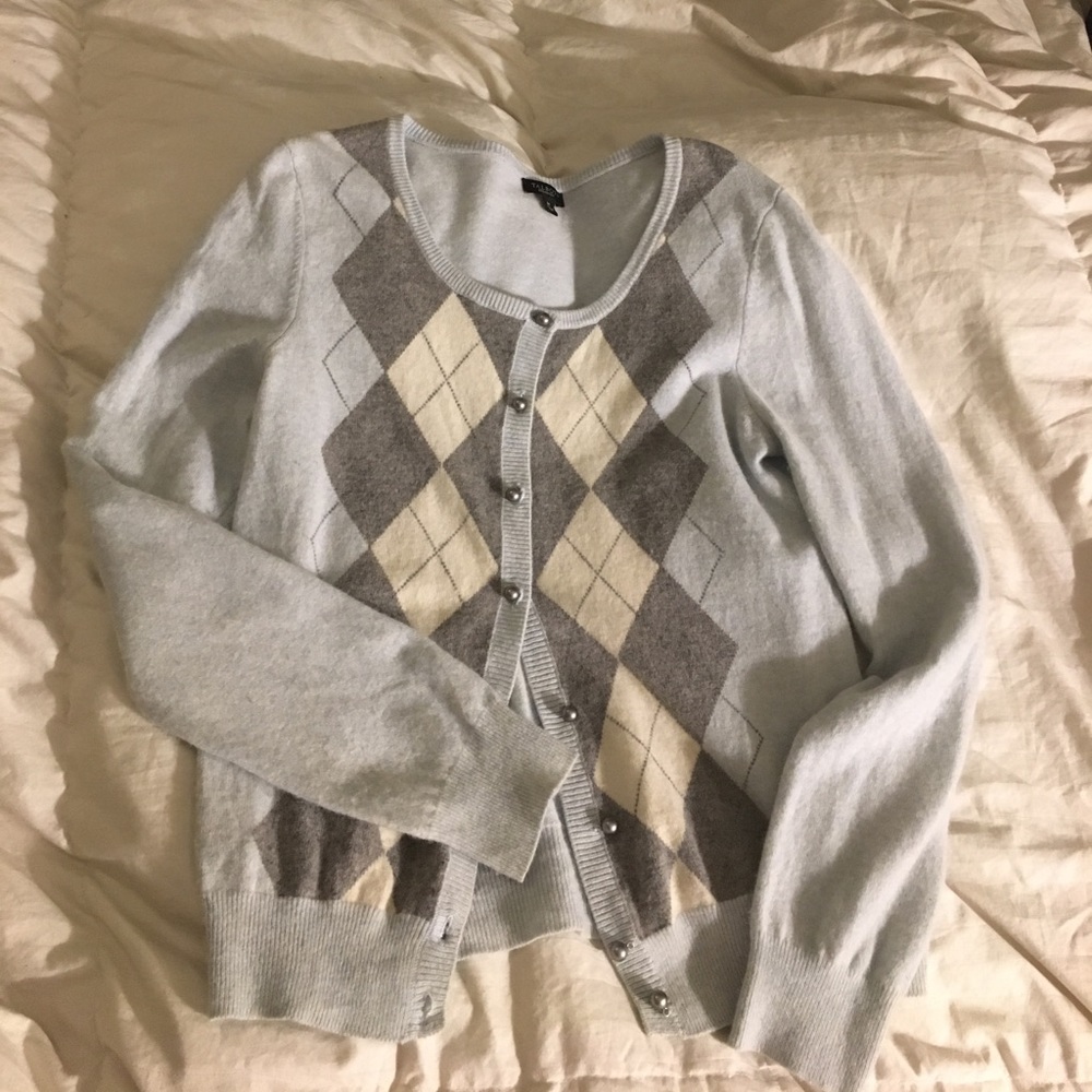 Talbots M blue/gray cardigan with argyle pattern