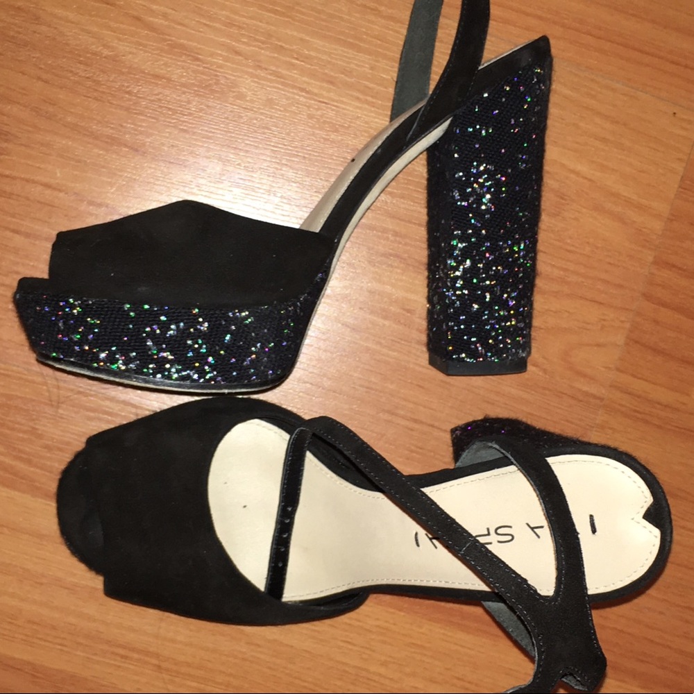 Via spiga black glitter platform heels
