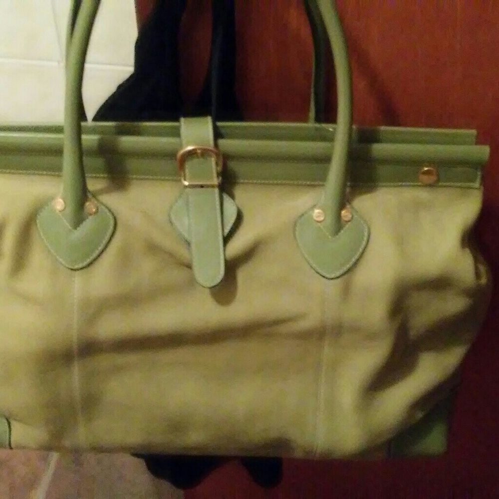 Avocado green suede and leather