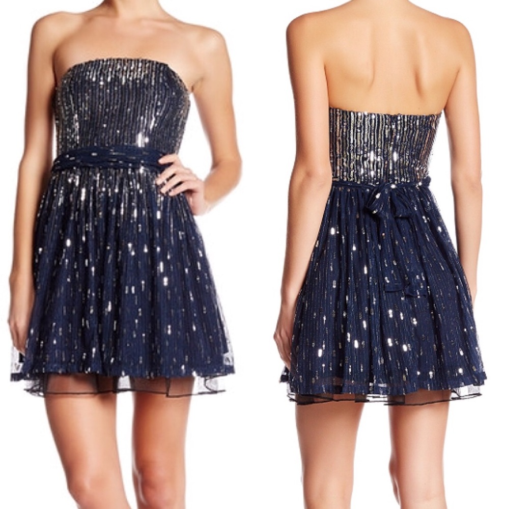 Navy Sequin New Years Party Fit & Flare Dress