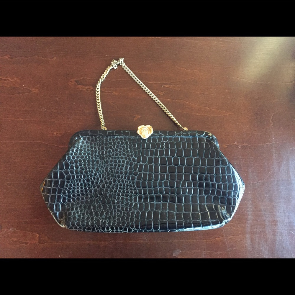 Vintage black croc embossed patent leather clutch
