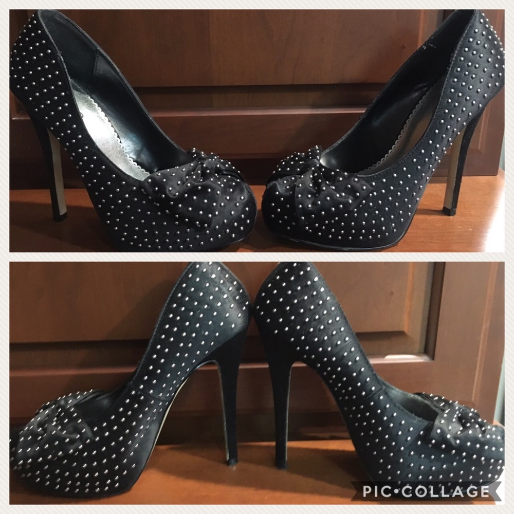 Black Satin BeBe Bow Silver Studded Pumps
