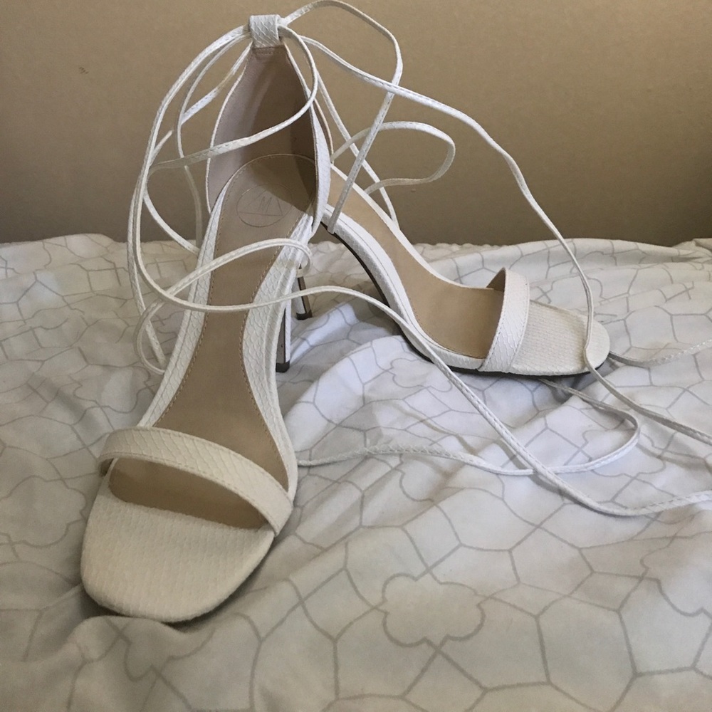 White Croc Laced Up Heel Sandals