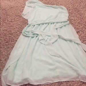 Light blue off the shoulder dress.