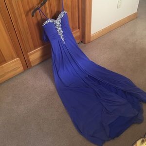 Strapless a line prom dress.