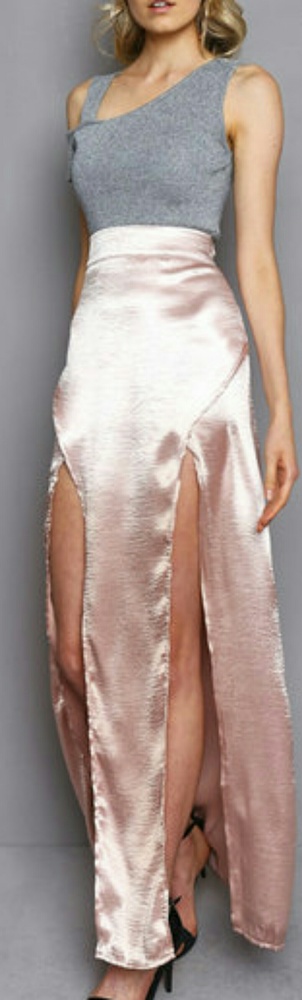 Pink Silky Satin front slit Sexy maxi Skirt