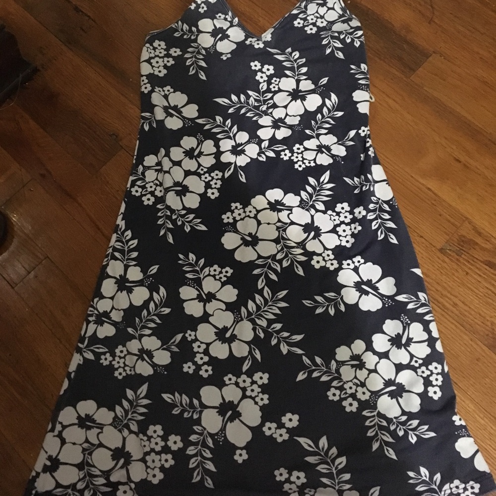 Navy blue/ white flowered nylon/ polyester dress