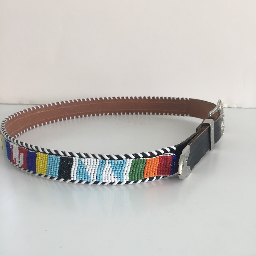 Vintage Beaded Leather Belt Hand Crafted Western