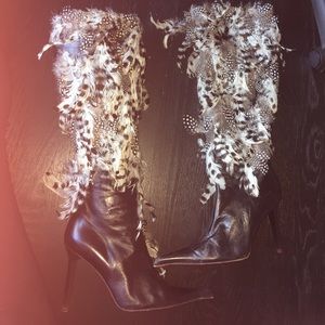 Ostrich feather black leather knee hi boot