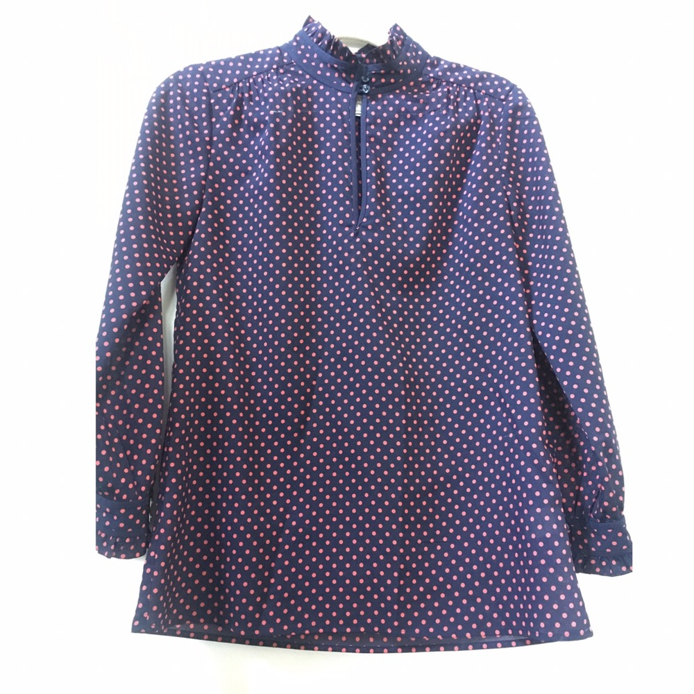J.Crew Navy & Coral Dotted Ruffle Blouse