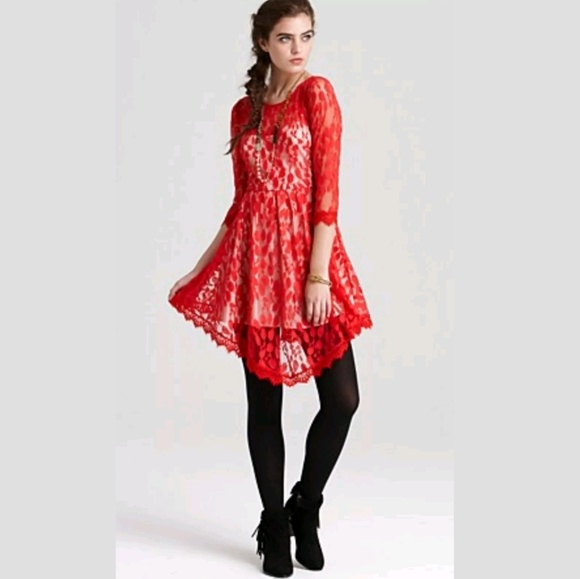Free People Dresses & Skirts - Free People Red Holiday Floral Mesh Dress 2