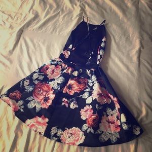Navy floral print backless skater dress