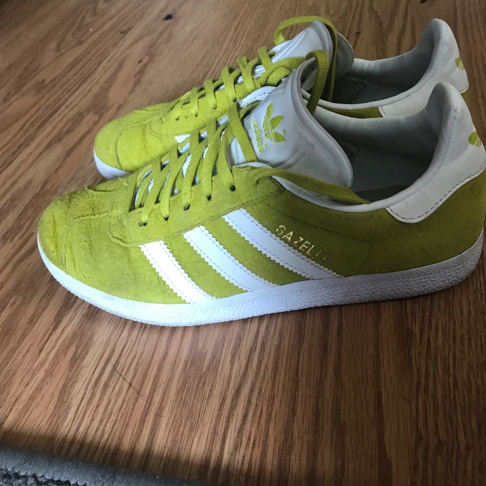 Adidas originals  Gazelle lime and white sneakers.
