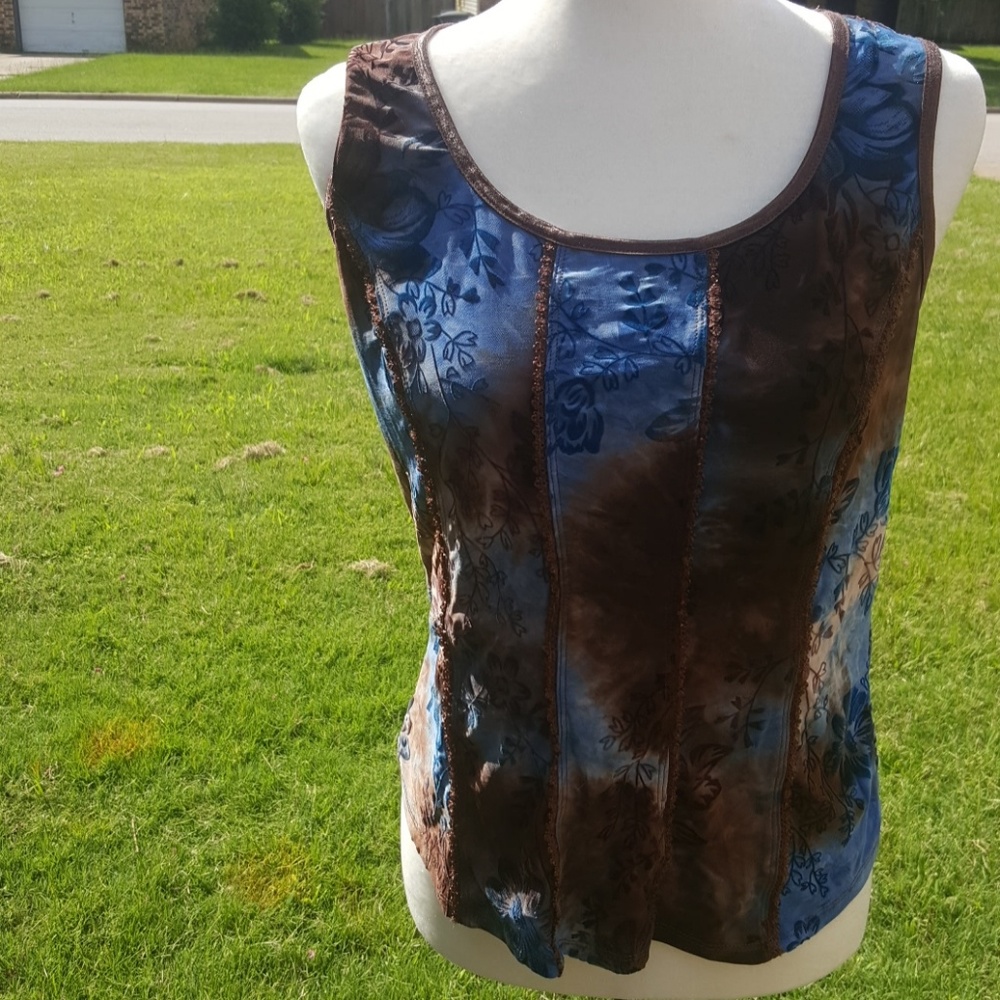 Sami Jo Blue Brown Flower Hues Sleeveless Top