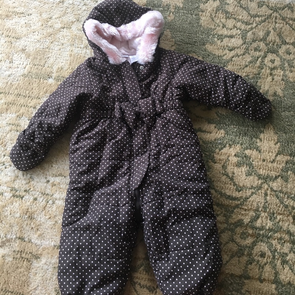 Baby Bunting - 12 month brown with pink polka dots