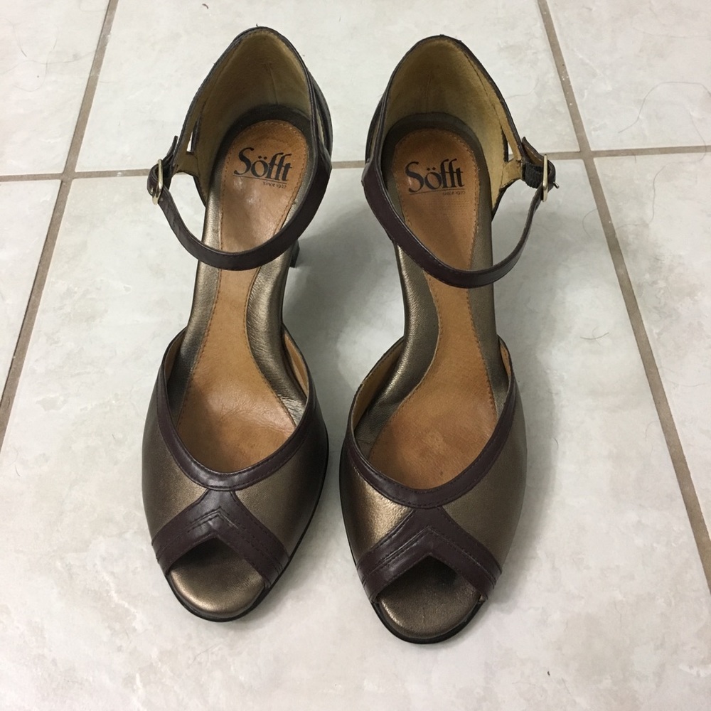 Brown and bronze open toe ankle strap heels