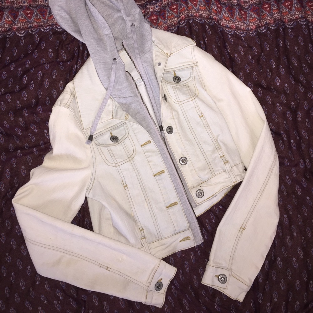 Light Wash Denim Jacket with Grey Hood