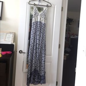 Boho blue/white maxi dress crochet top low back