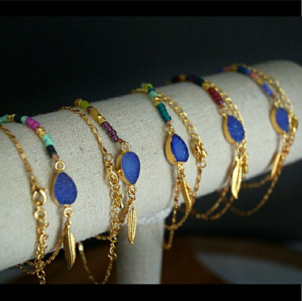 Violet Druzy Gold Beaded Double Chain Bracelets