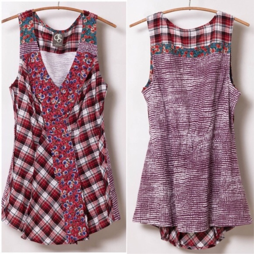 Anthro | One September Rose Plaid Top