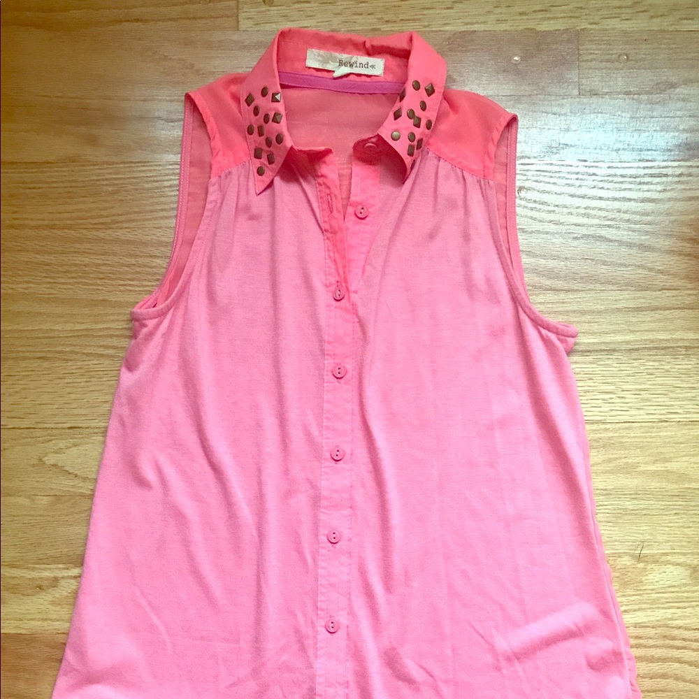 Pink Collared Studded Tank Top Blouse