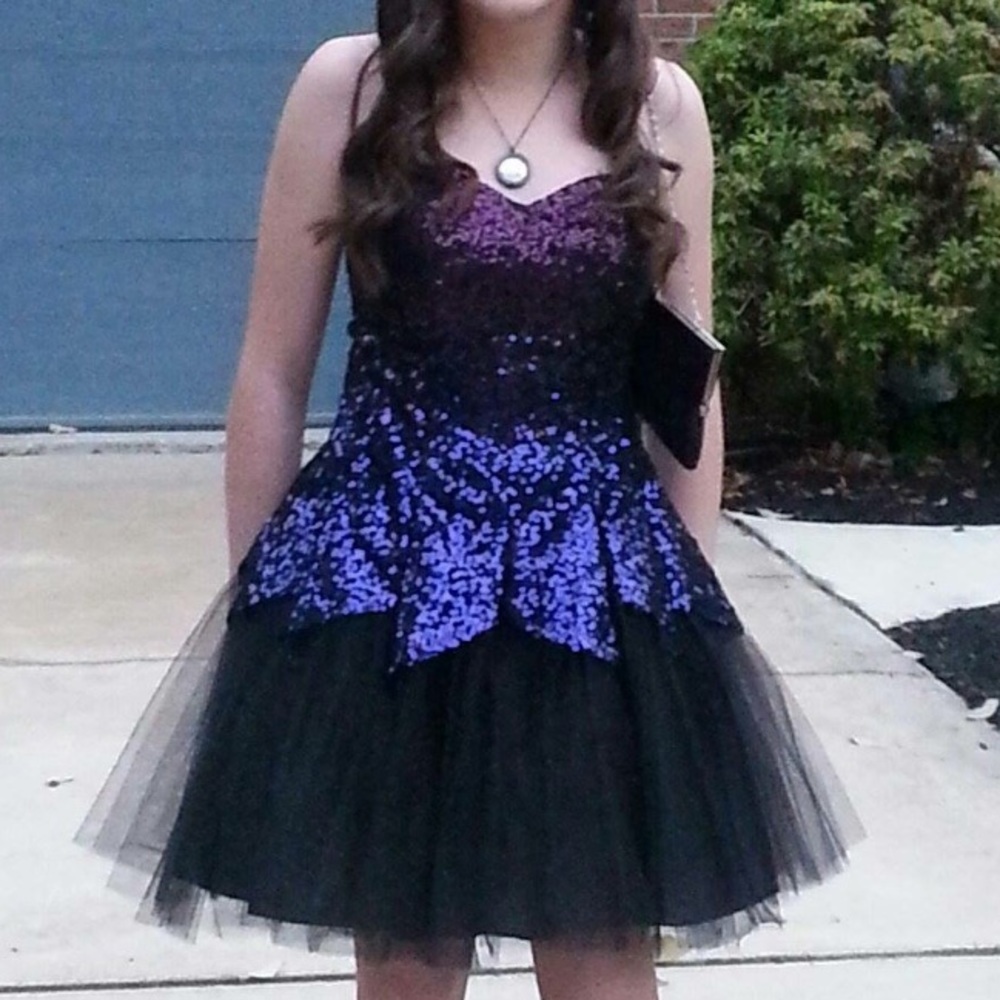 Strapless Black and Purple Homecoming Dress