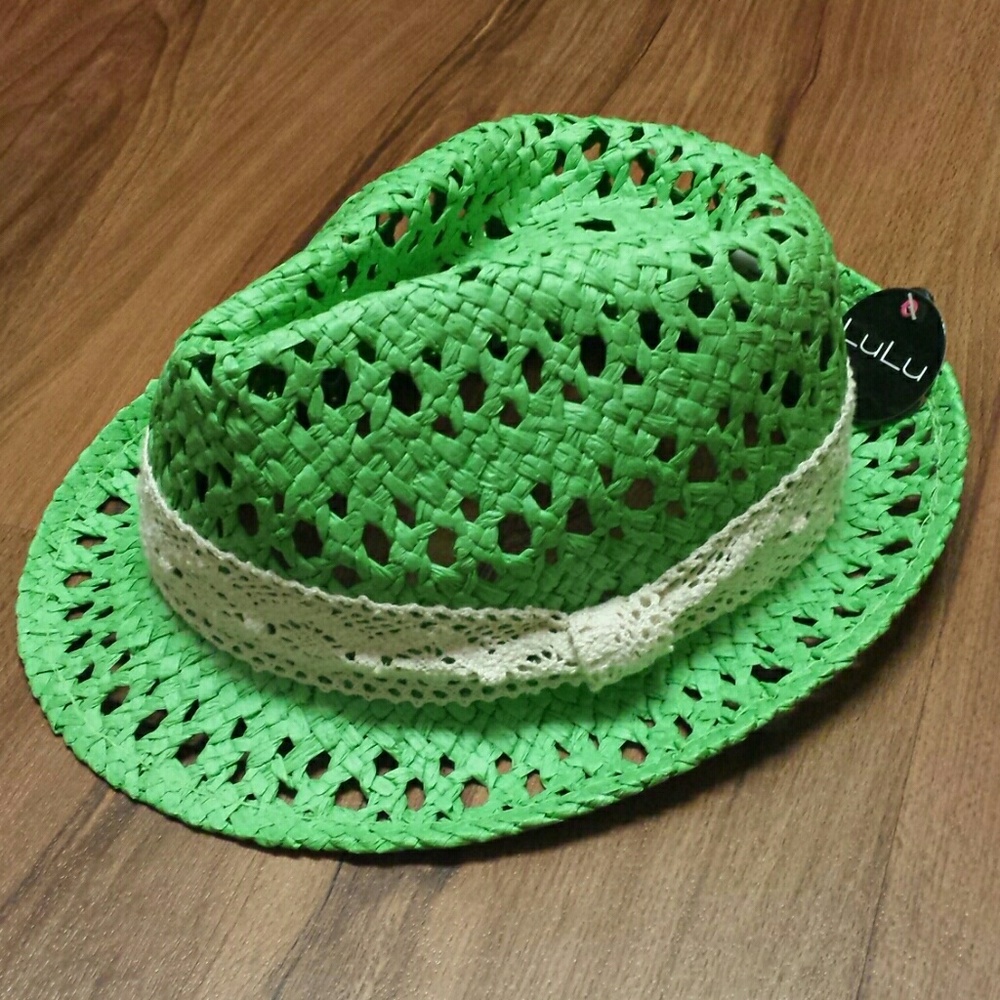 Lulu green straw fedora hat with crochet band nwt