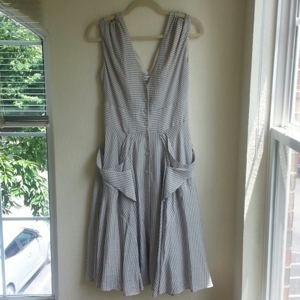 Calvin Klein Pinstripe Mock Seersucker Flare Dress