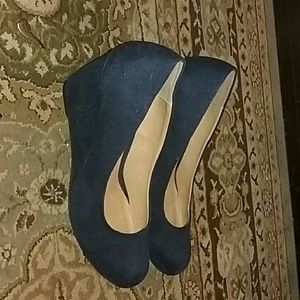 Navy blue suede wedge heels