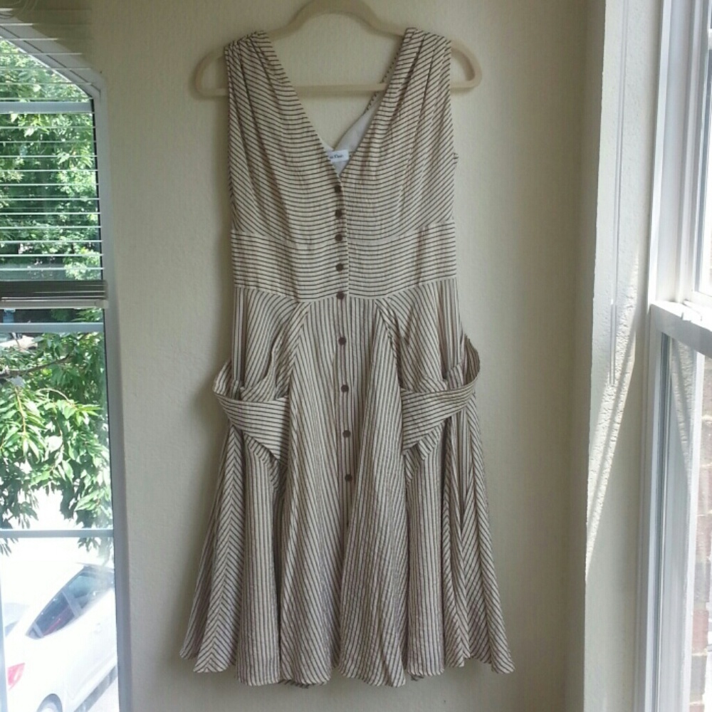 Calvin Klein Pinstripe Mock Seersucker Flare Dress