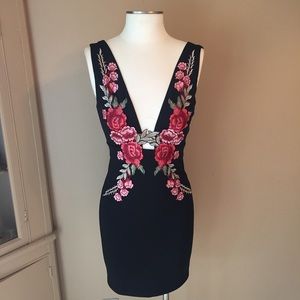 Sexy black plunge dress with embroidered roses-S