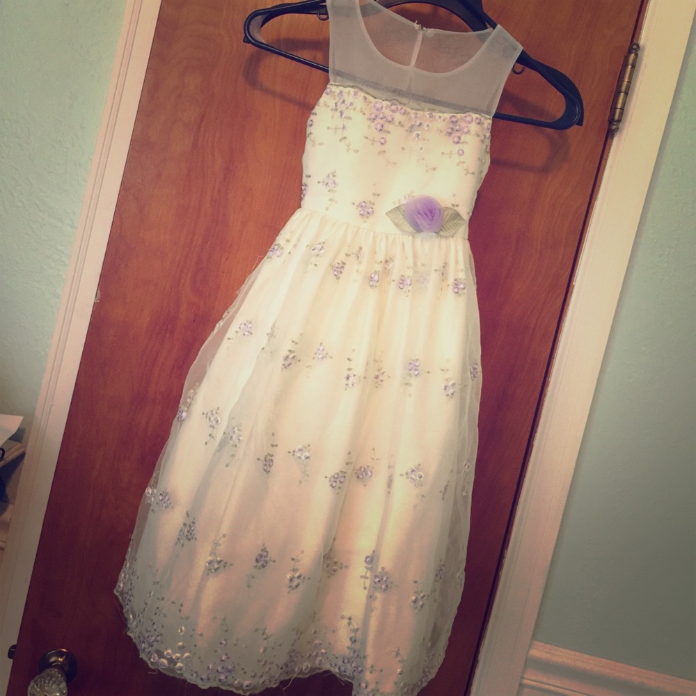 White with purple flower detail Girls dress